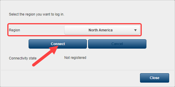 El selector de región en una cámara Bosch, que muestra una región y el botón Conectar.