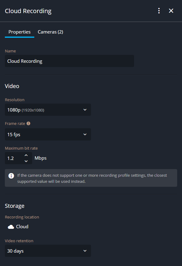 Pestaña de Propiedades del perfil de grabación en Genetec Configuration web que muestra el perfil de grabación, el video y los ajustes de almacenamiento.