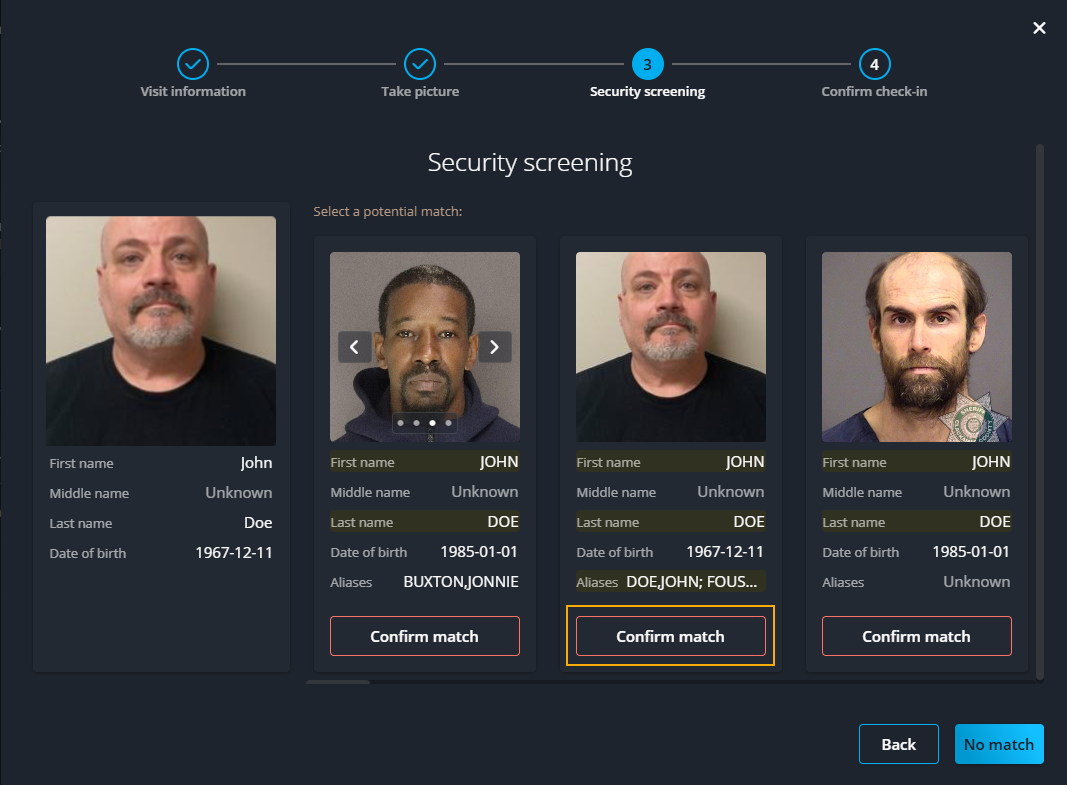 Cuadro de diálogo de registro de visitante sin cita previa en la recepción que muestra una coincidencia de detección.