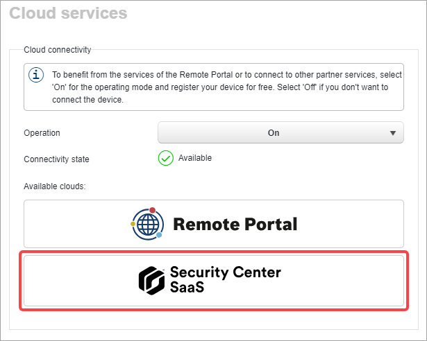 La página de Servicios en la nube en una cámara Bosch, que muestra la opción Security Center SaaS.