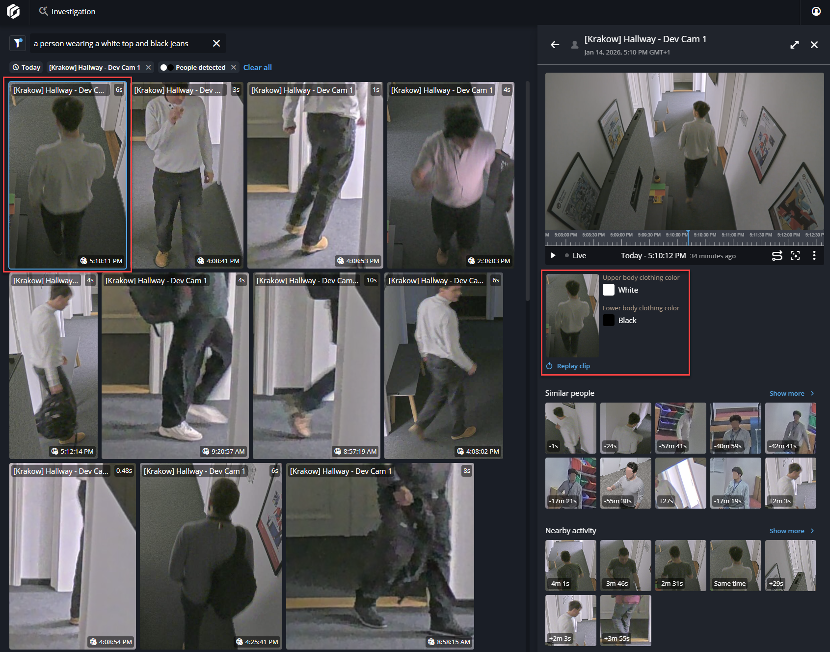 Tarea de investigación en Genetec Operation que muestra una búsqueda de persona de interés con un video seleccionado y el panel lateral abierto que muestra más detalles.