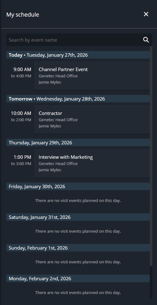 El panel Mi horario en la recepción que muestra el horario del evento de visita.