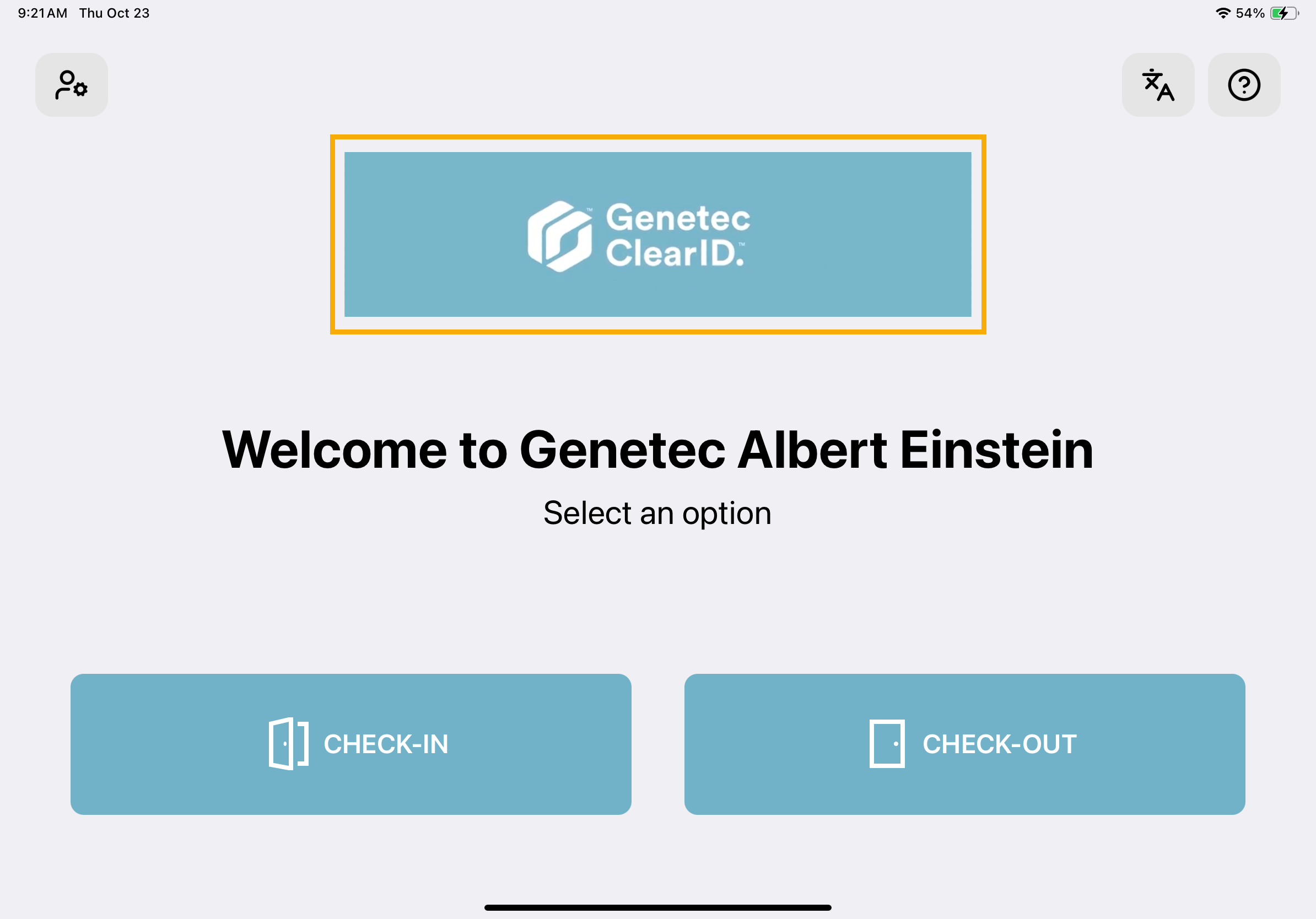 Pantalla de bienvenida en ClearID Self-Service Kiosk que muestra la pantalla de bienvenida predeterminada con una imagen de logotipo personalizada resaltada.