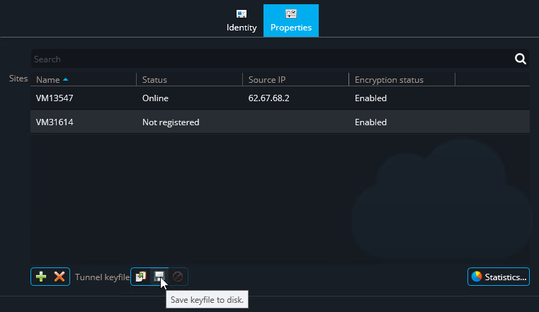 Tâche Système dans Genetec Configuration desktop affichant le rôle Serveur de tunnel inverse avec l’option Enregistrer le fichier de clés sur disque.