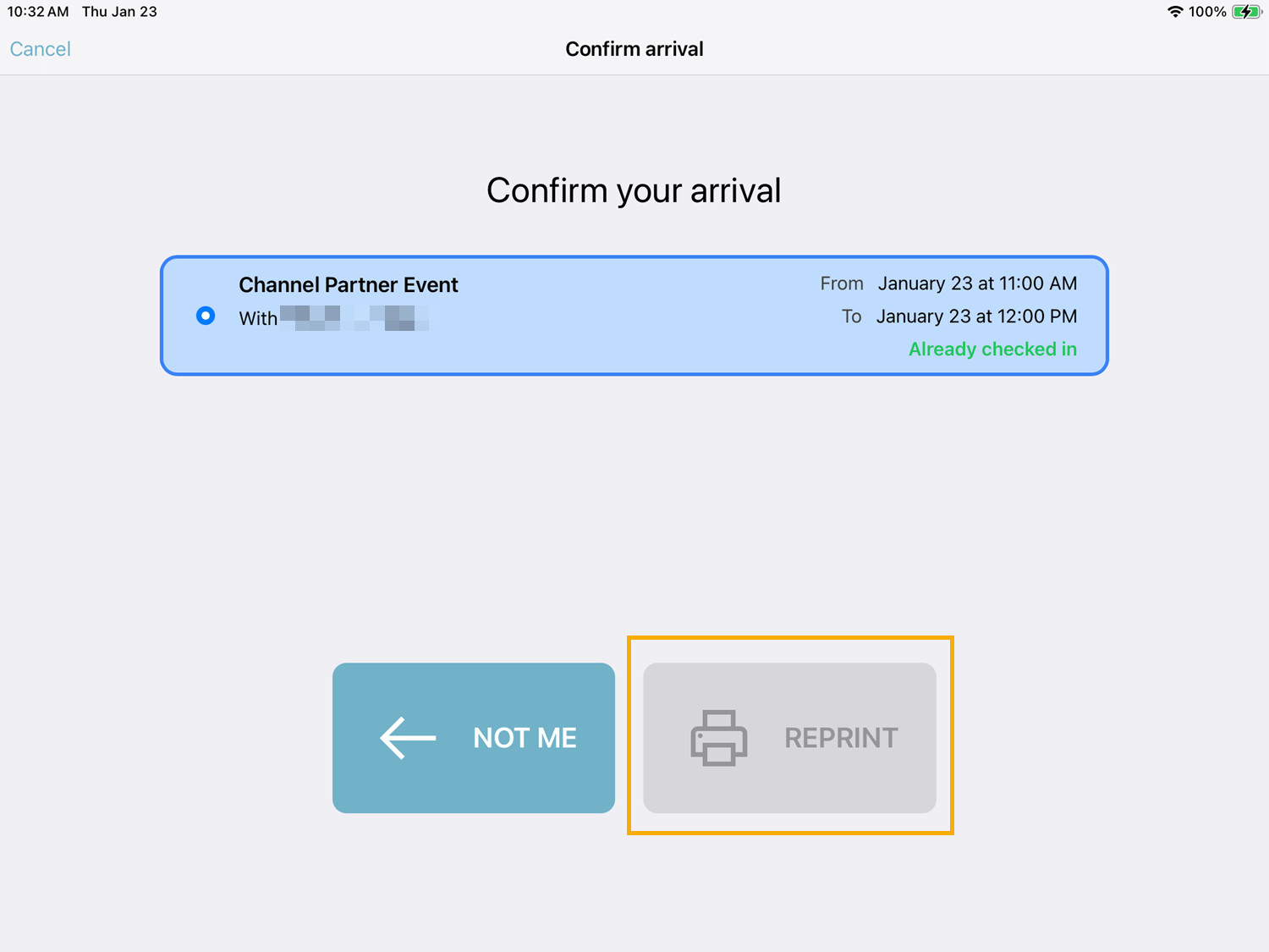La page Confirmation dans Genetec ClearID Self-Service Kiosk affichant l’option Réimprimer le badge.