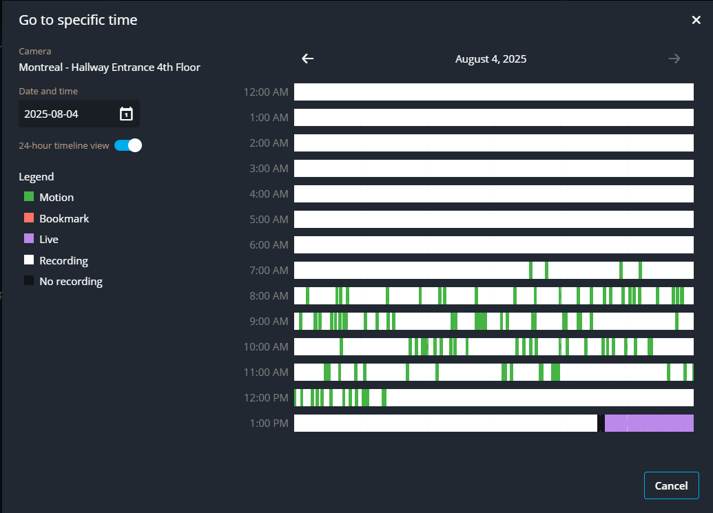 Boîte de dialogue Aller à l’heure précise dans Genetec Operation affichant une vue chronologique de 24 heures et diverses activités de caméra.