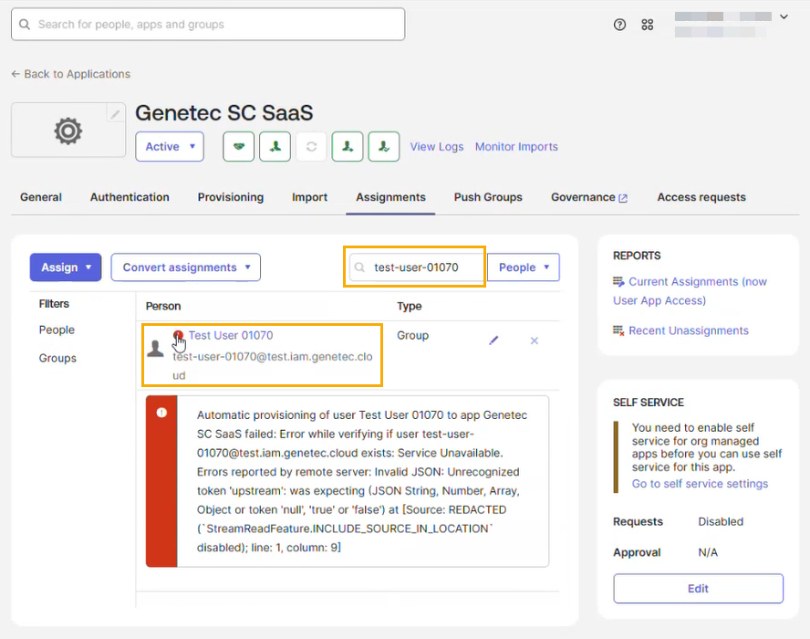 Page Applications Okta affichant l’onglet Assignments avec le champ de recherche et un utilisateur présentant une erreur d'approvisionnement automatique.