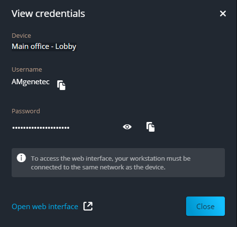 Afficher les identifiants sur le site Web de configuration de Genetec, avec le nom d’utilisateur et le mot de passe de la caméra.