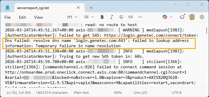 Le rapport du serveur Axis indique que le test TCP a échoué, car une connexion DNS n’a pas réussi à résoudre le nom DNS.