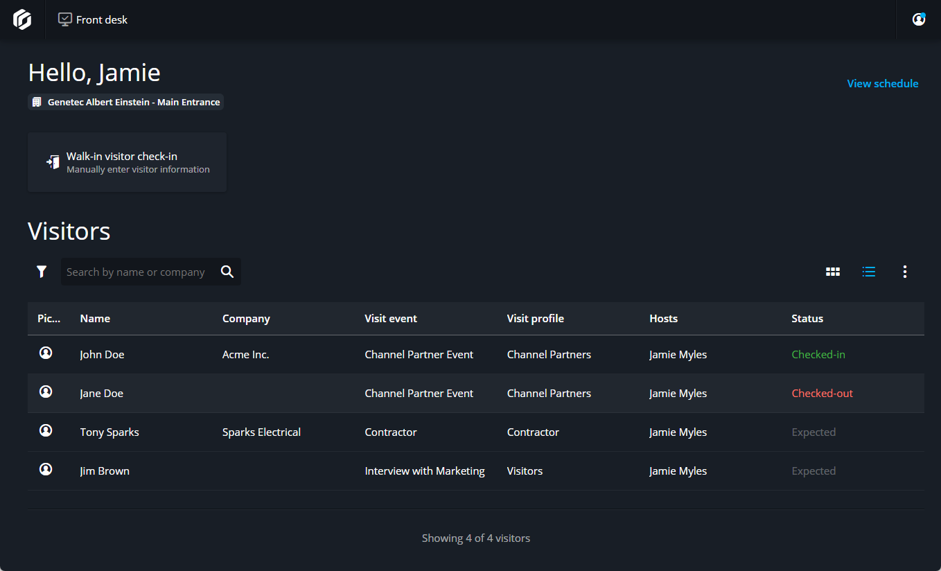 La tâche de réception dans Security Center SaaS, affichant une liste des visiteurs enregistrés, extraits et attendus.