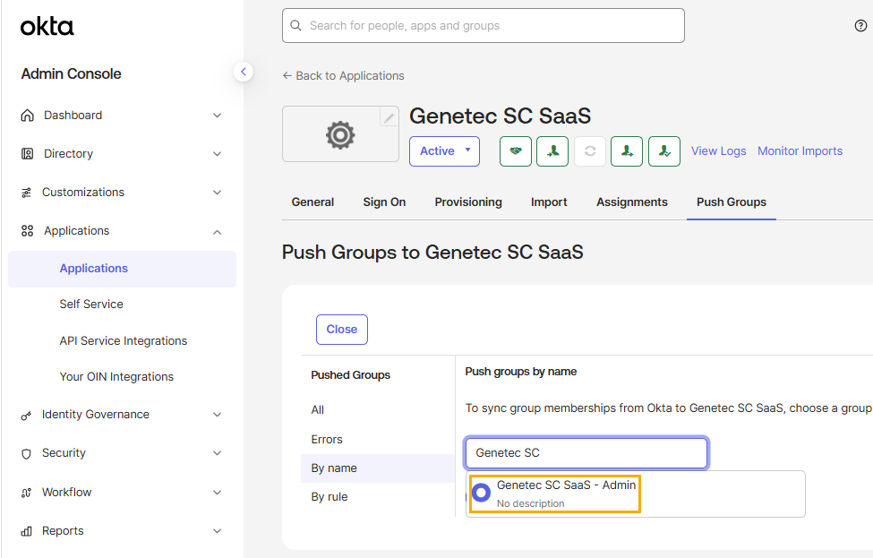 Page des applications Okta affichant l’onglet « Push Groups » avec un groupe à synchroniser en surbrillance.