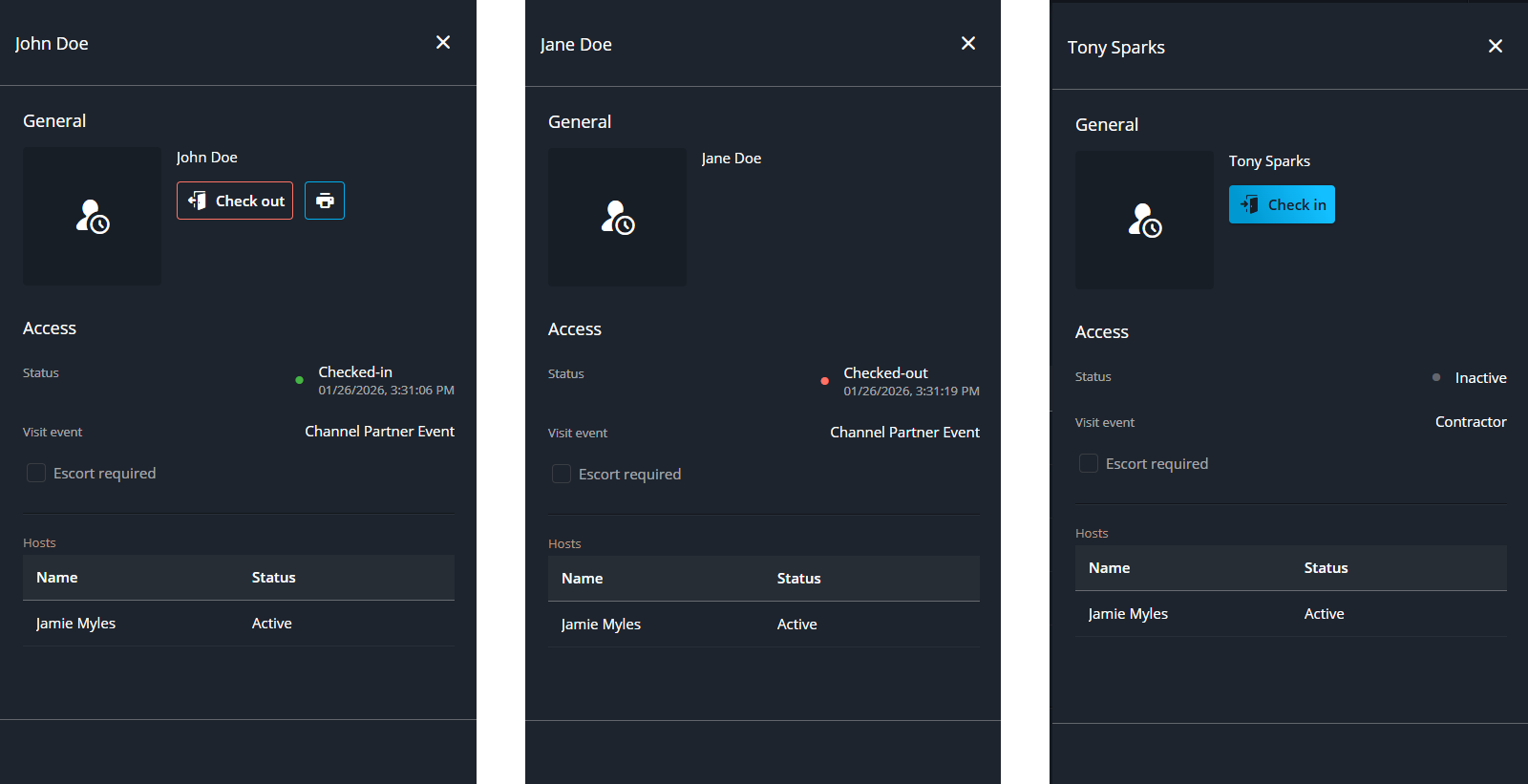 Le volet d'informations sur les visiteurs de la réception affiche un visiteur enregistré, un visiteur de départ et un visiteur attendu.
