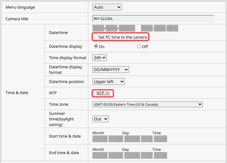 La configuration de l’heure et de la date sur une caméra i-PRO avec les paramètres Régler l’heure du PC sur la caméra et NTP mis en surbrillance.