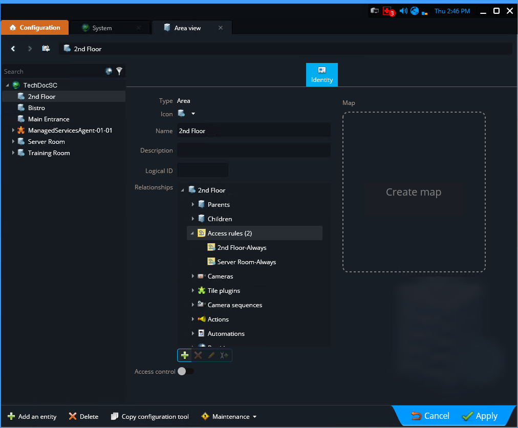 Vue secteur dans Genetec Configuration montrant deux relations de secteurs imbriqués.