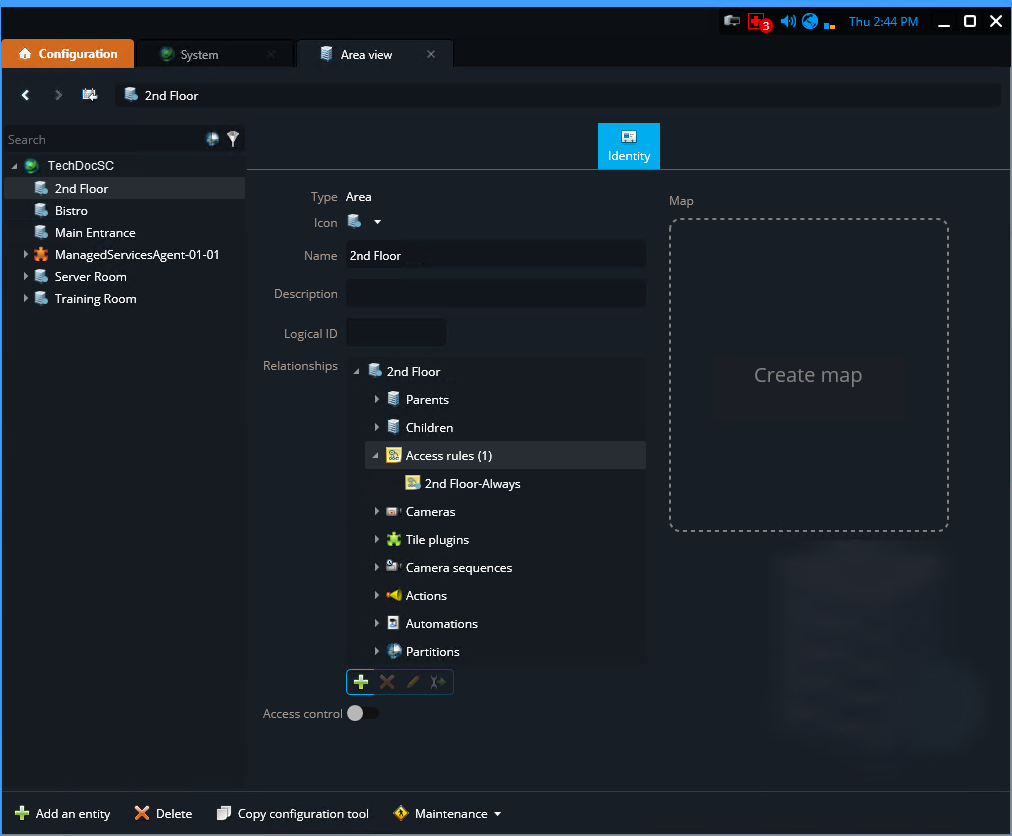 Vue secteur dans Genetec Configuration montrant une relation de secteur imbriqué.