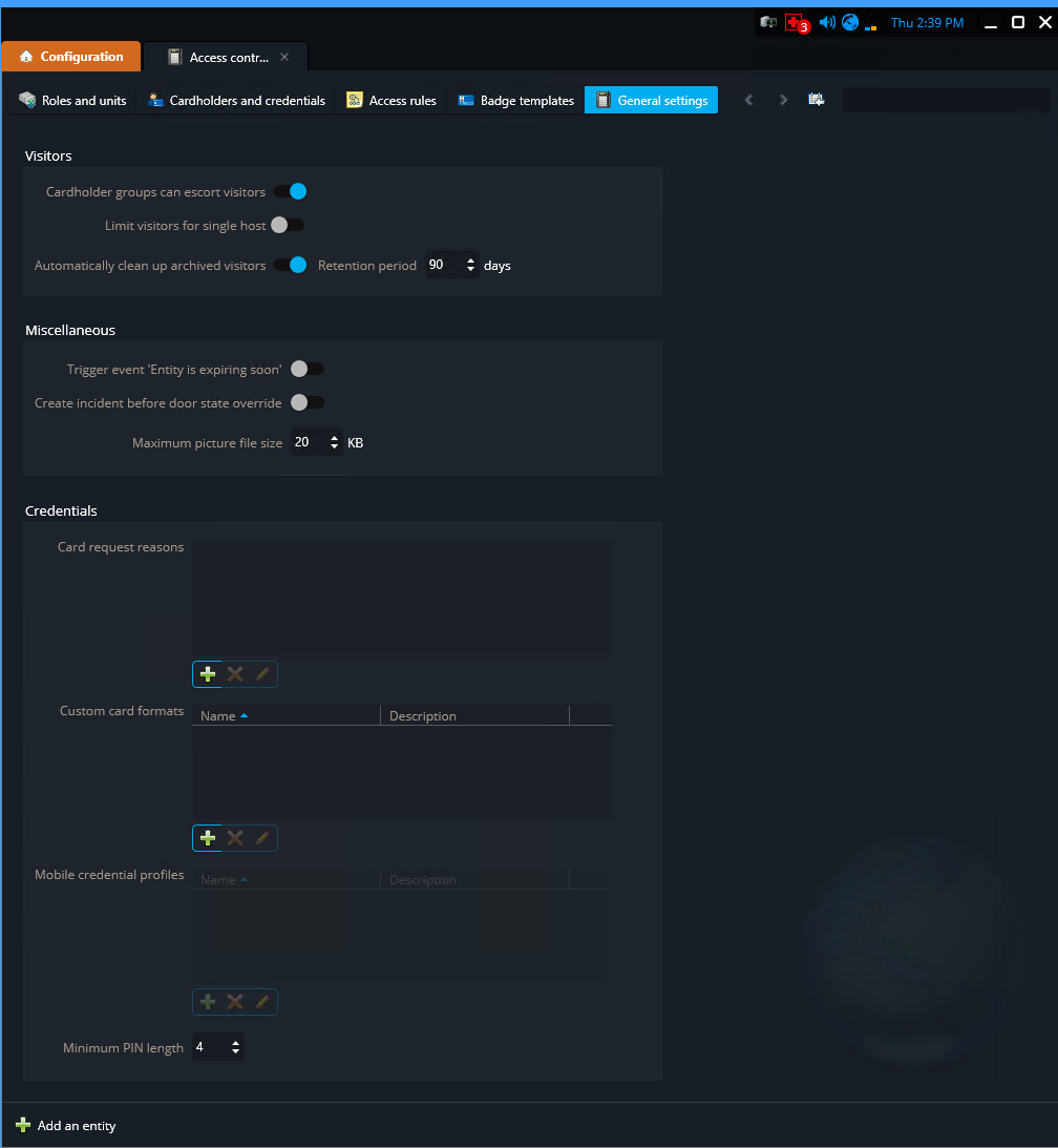 Page des paramètres généraux de la tâche Contrôle d'accès dans Config Tool montrant les paramètres d'identification par défaut.