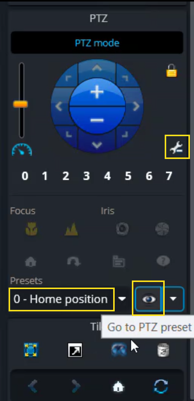 PTZ-widget met Geavanceerde modus, de lijst Voorinstellingen en Ga naar PTZ-voorinstelling gemarkeerd.