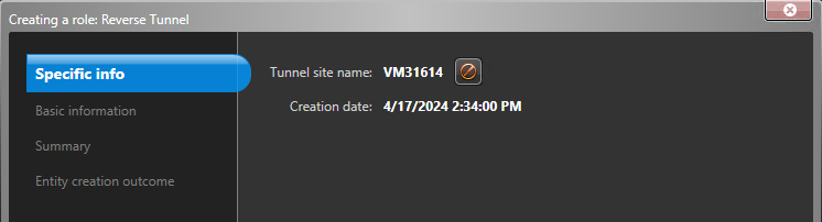 Een dialoogvenster Rol maken in Config Tool met het voltooide specifieke infogedeelte met gegevens van de reverse tunnel.