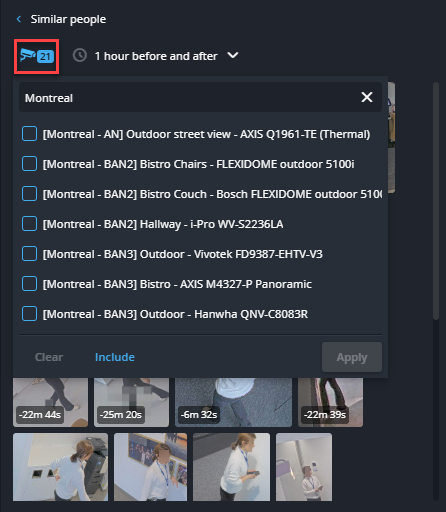 Gedeelte Vergelijkbare personen in het zijpaneel van de taak Onderzoek met de opties voor het selecteren van de camera.