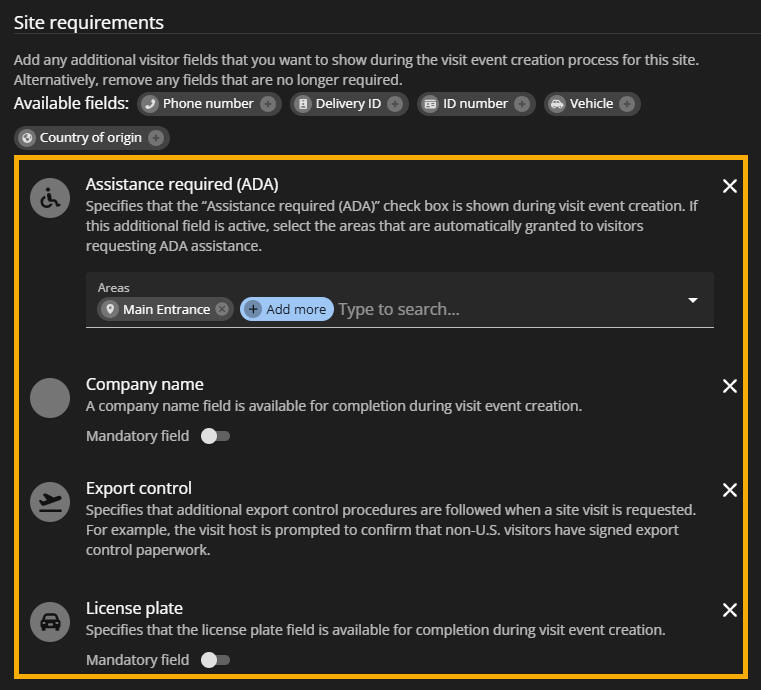 Pagina Bezoekersbeheer voor pagina Sites in ClearID met het tabblad Bezoekersinfo inclusief instellingen voor locatievereisten en geselecteerde beschikbare velden gemarkeerd.