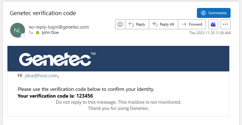 Een e-mail met de Genetec-verificatiecode die moet worden gebruikt om toegang te krijgen tot een gedeeld videobestand.