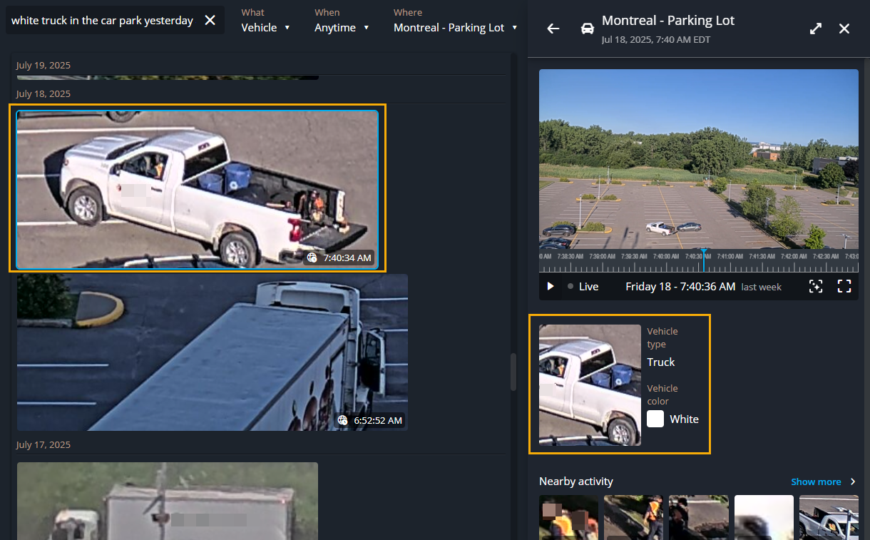 Onderzoekstaak in Genetec Operation met een zoekopdracht voor een voertuig van belang met een video geselecteerd en zijpaneel geopend met meer details.