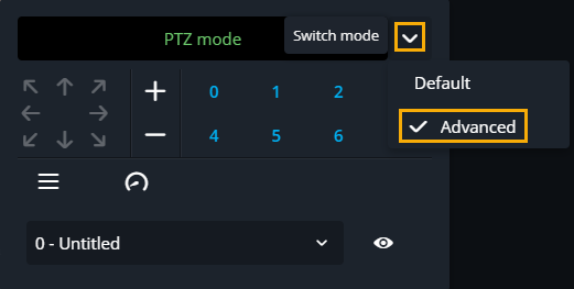Dialoogvenster PTZ-modus in Genetec Operation Web met de schakelmodus en geavanceerde opties gemarkeerd.