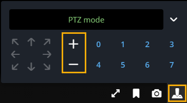 Dialoogvenster PTZ-modus in Genetec Operation Web met PTZ-modus en zoomregelaars.