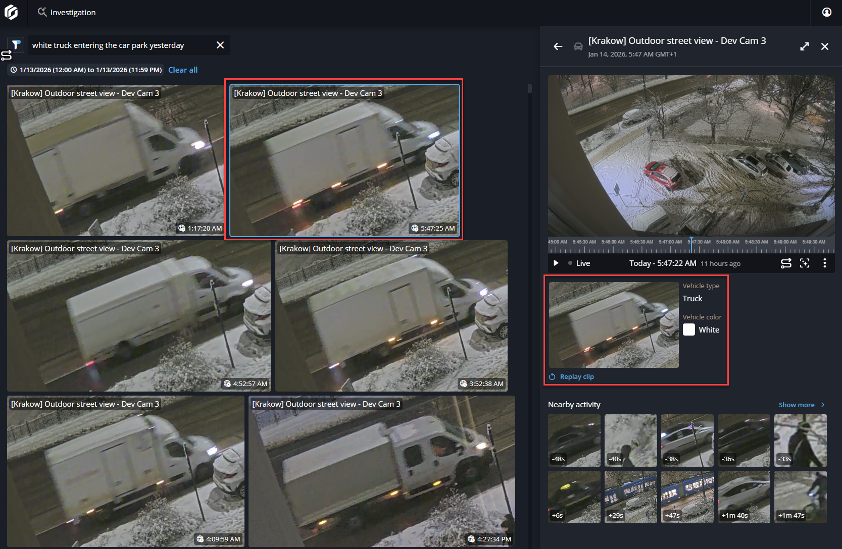 Onderzoekstaak in Genetec Operation met een zoekopdracht voor een voertuig van belang met een video geselecteerd en zijpaneel geopend met meer details.