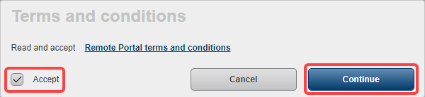 De algemene voorwaarden van de Remote Portal op een Bosch-camera, met Accepteren en Doorgaan.