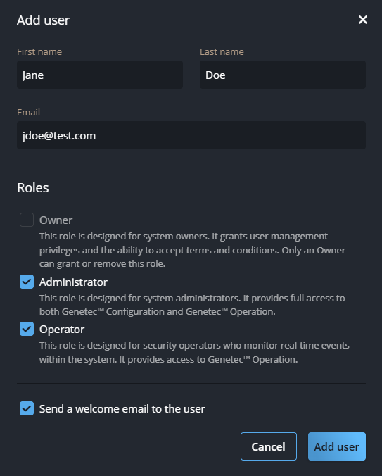 Dialoogvenster Gebruiker toevoegen in Genetec Configuration.