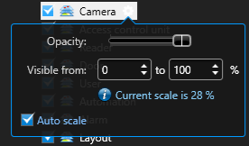 Het menu Lagen in de Map Designer, met de cameralaag geselecteerd en het instellingenmenu geopend.