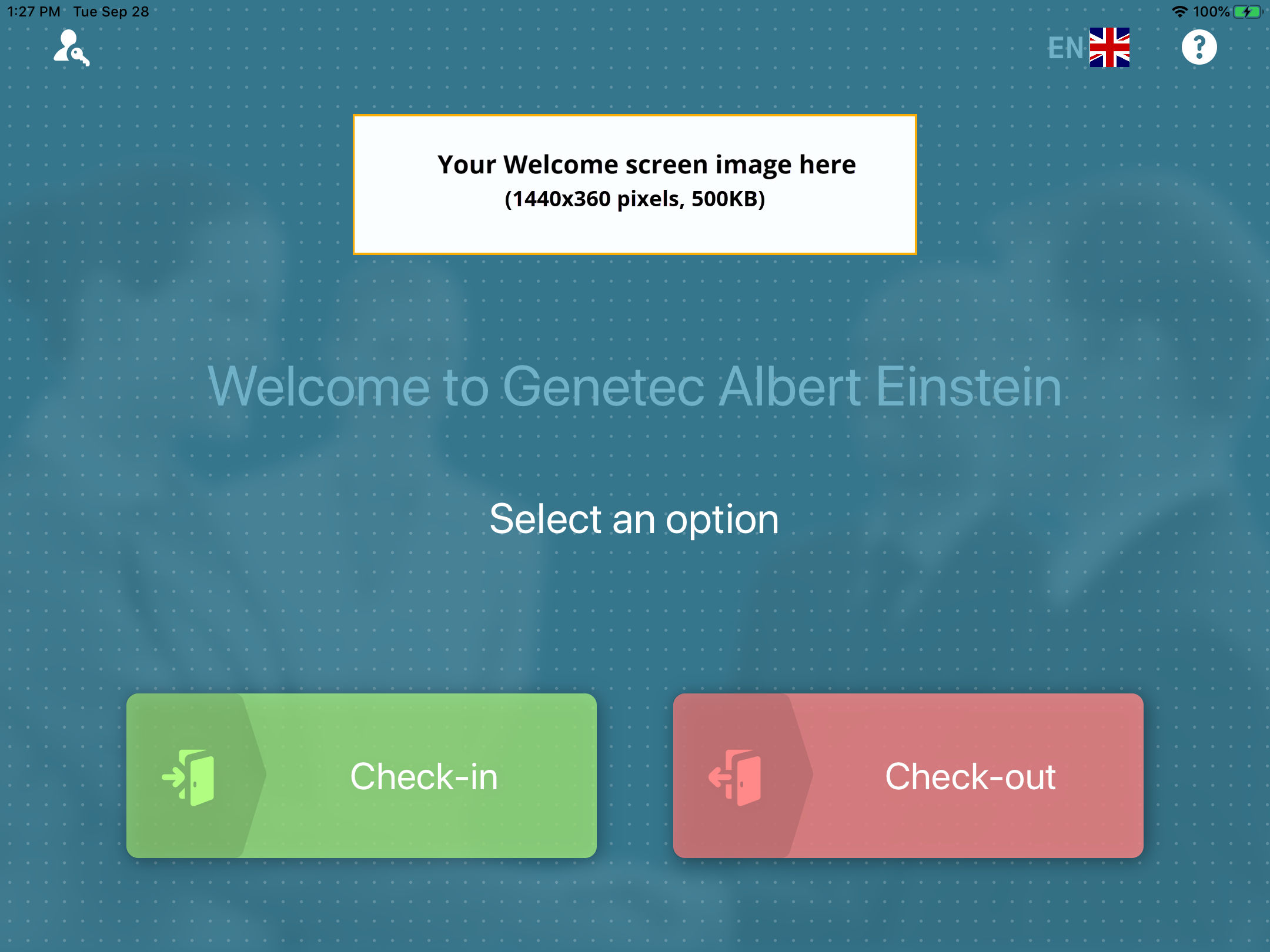 Welkomstscherm in de ClearID Self-Service Kiosk met het standaard welkomstscherm met een aangepaste logo-afbeelding gemarkeerd.