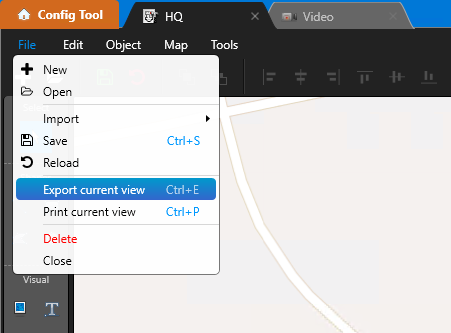 Map Designer met een geselecteerde kaart. Het bestandsmenu is geopend en de optie Huidige weergave exporteren is gemarkeerd.