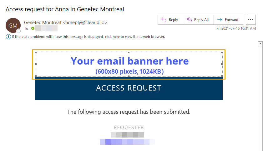 Melding van een ClearID-toegangsverzoek met een gemarkeerd gebied met een aangepast logo.