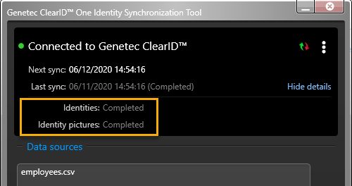 ClearID One Identity Synchronization Tool dialoogvenster met informatie over de synchronisatiestatus gemarkeerd.