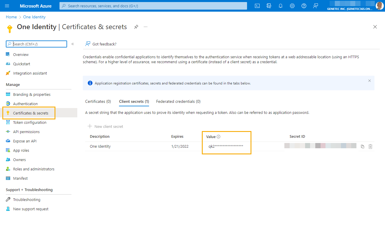 Pagina Certificaten en geheimen in Microsoft Azure met de One Identity-applicatie met de waarde clientgeheim gemarkeerd.