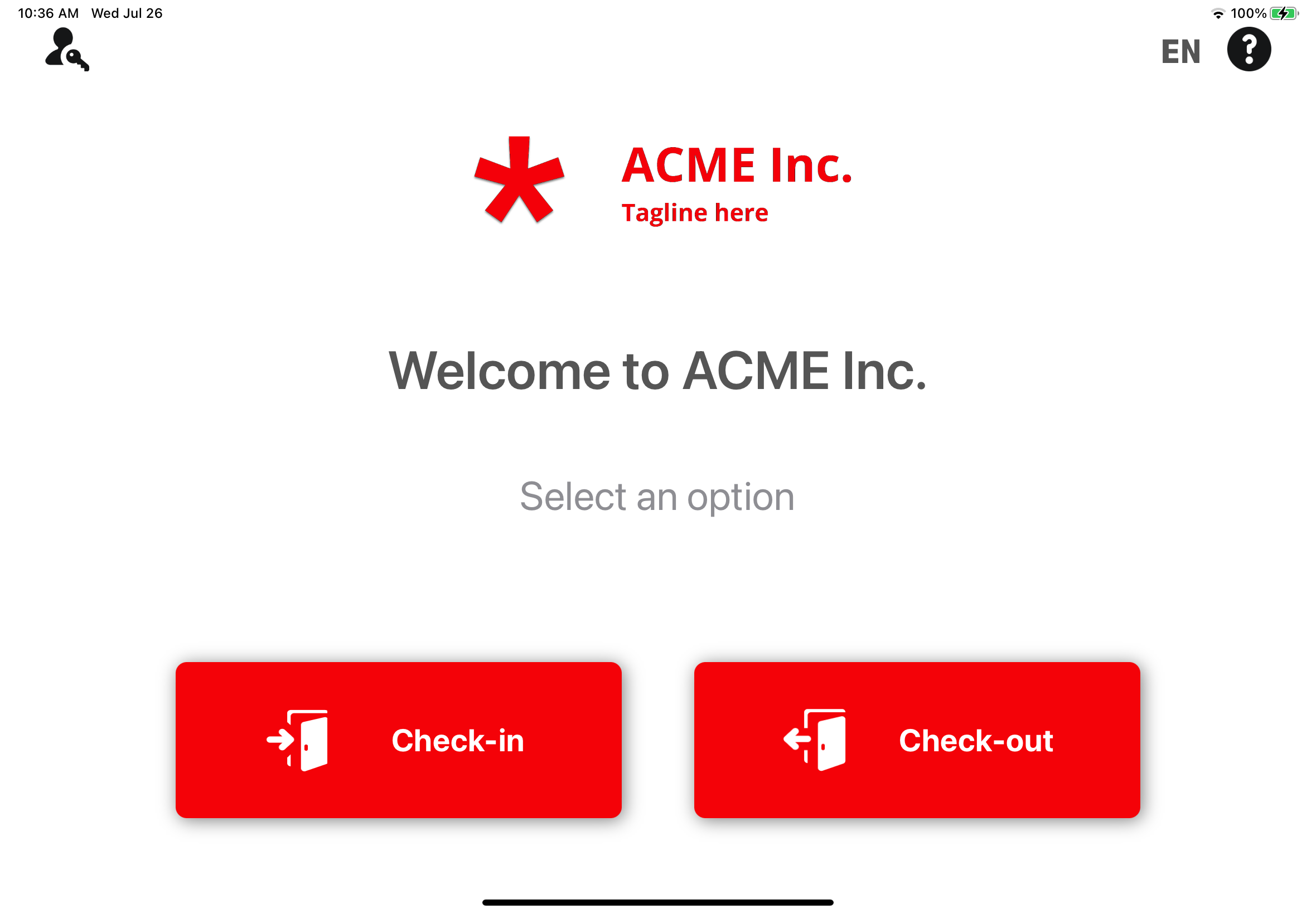 Voorbeelden van welkomstschermen in de ClearID Self-Service Kiosk met aangepaste kioskthema's met rode accentkleuren.