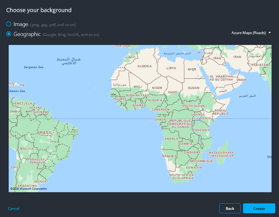 Dialoogvenster Kies uw achtergrond in Map designer met Geografisch achtergrondtype geselecteerd.