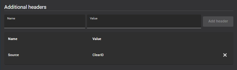 Gedeelte Extra kopteksten van de pagina Webhookdetails in ClearID met een voorbeeld van een extra koptekst Naam en Waarde.