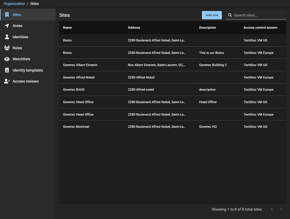Lijst Sites in ClearID met een lijst van sites, inclusief hun naam, adres en beschrijving.
