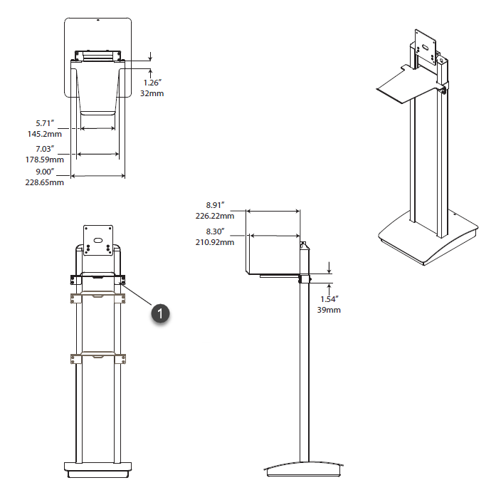 Diagram van de ClearID Self-Service Kiosk staand model printerplank met de afmetingen.