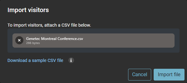 Import visitors dialog in ClearID showing a CSV file selected.