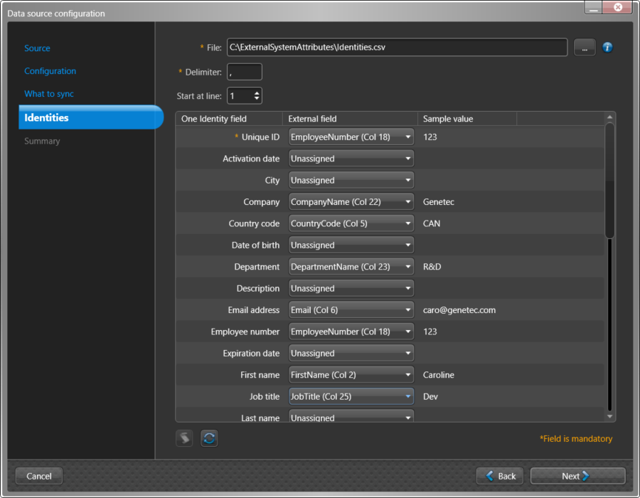 Data source configuration dialog in the ClearID One Identity Synchronization Tool showing the Identities page including File, Delimiter, Start at line, One Identity fields. external fields, sample values, and global key settings.