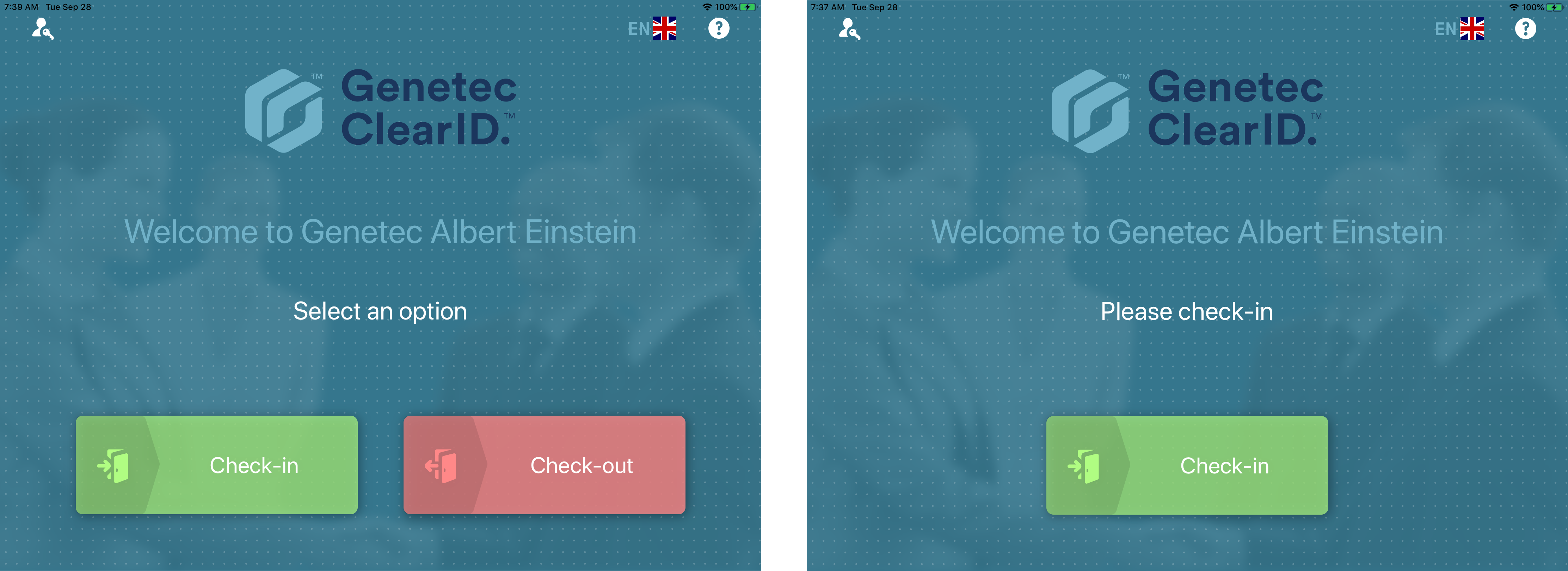 Two welcome screen examples in the ClearID Self-Service Kiosk showing check-in and check-out options.