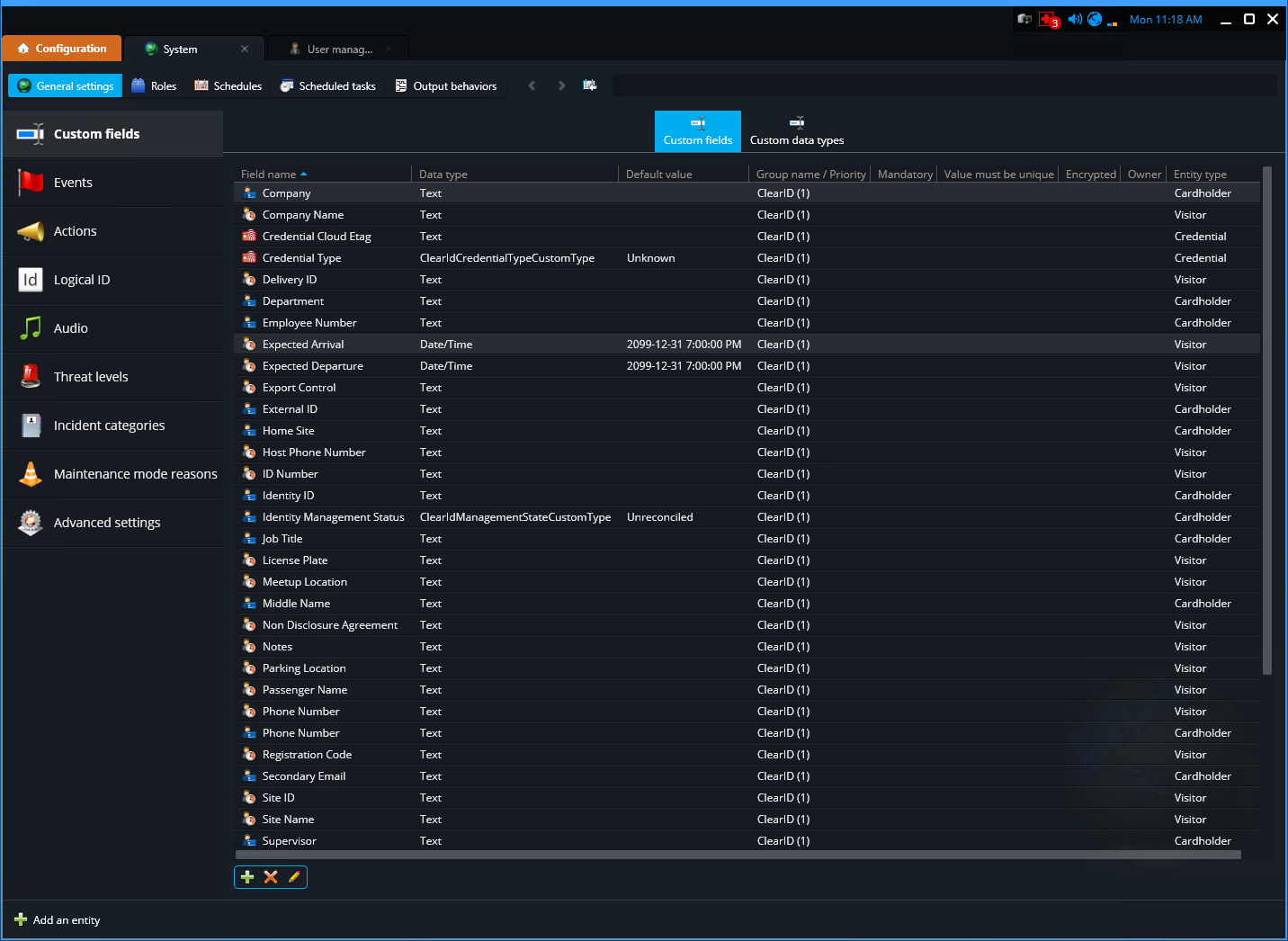 System task in Genetec Configuration showing the Custom fields page.