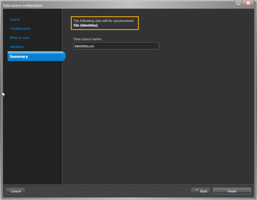 Data source configuration dialog in the ClearID One Identity Synchronization Tool showing the summary page information.