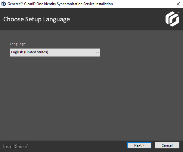 ClearID One Identity Synchronization Tool installation dialog showing Language settings.