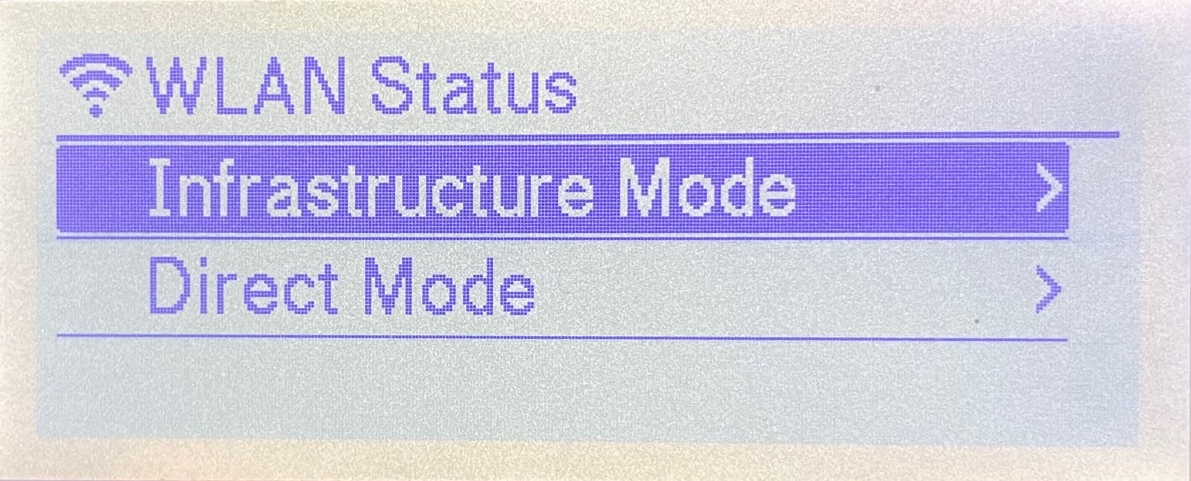 Brother TD-4550DNWB label printer LCD display showing the WLAN Status menu with Infrastructure Mode selected.