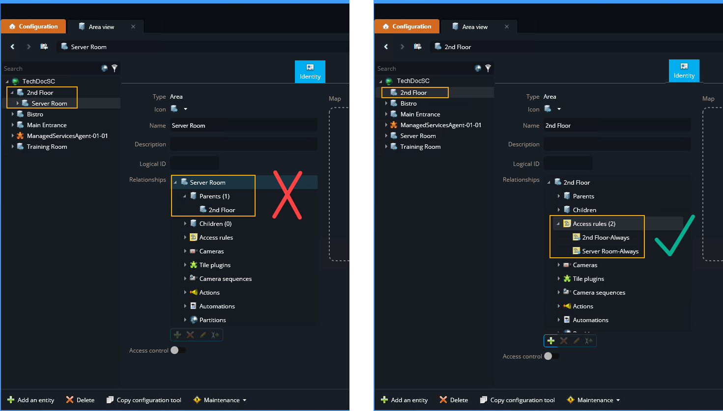 Area view in Genetec Configuration showing two examples of nested area relationships.